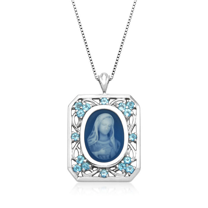 Blue Resin Virgin Mary Cameo and 1.00 ct. t.w. Swiss Blue Topaz Pendant Necklace in Sterling Silver