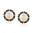 C. 1980 Vintage 17mm Cultured Mabe Pearl Earrings with Onyx and .25 ct. t.w. Diamonds in 14kt Yellow Gold