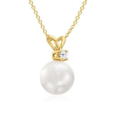 8-9mm Cultured Akoya Pearl Pendant Necklace with Diamond Accent in 14kt Yellow Gold