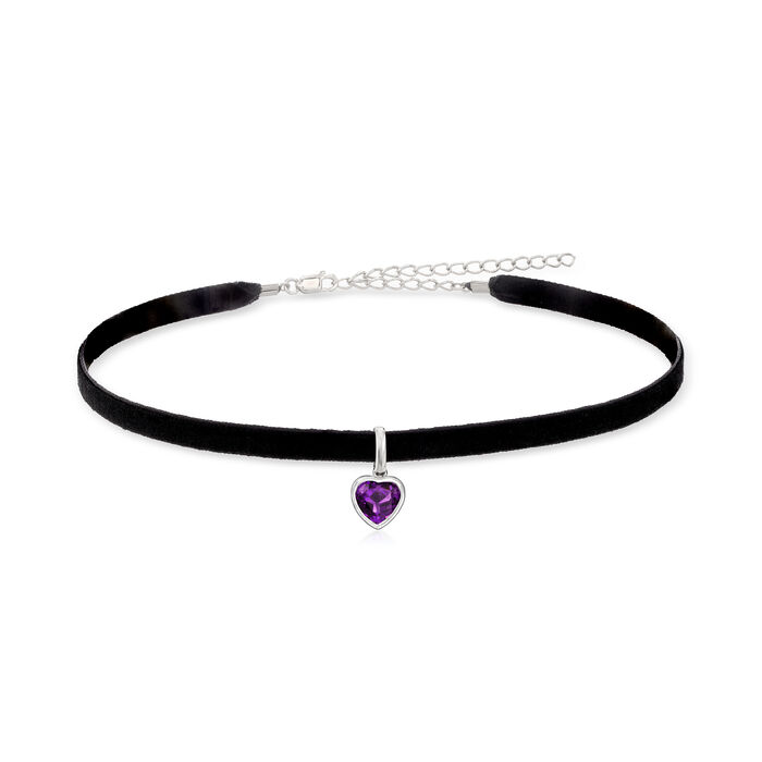 1.80 Carat Amethyst Heart Choker Necklace with Sterling Silver and Black Velvet Cord
