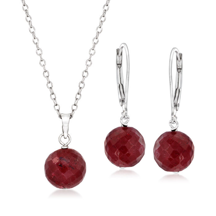 15.00 ct. t.w. Ruby Bead Jewelry Set: Pendant Necklace and Drop Earrings in Sterling Silver