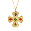 Italian Multicolored Enamel Cross Pendant Necklace in 14kt Yellow Gold