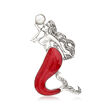 Red Coral Mermaid Pin/Pendant with Cultured Pearl in Sterling Silver