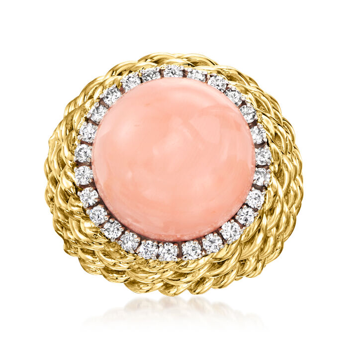 C. 1970 Vintage Pink Coral and .80 ct. t.w. Diamond Basketweave Ring in 18kt Yellow Gold