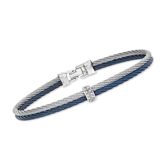 ALOR Blue and Gray Stainless Steel Cable Bracelet with Diamond Accents and 18kt White Gold