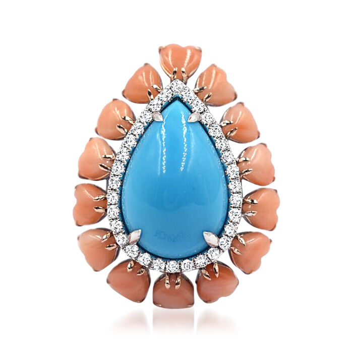 Turquoise and Peach Coral Ring with 1.00 ct. t.w. Diamonds in 18kt White Gold