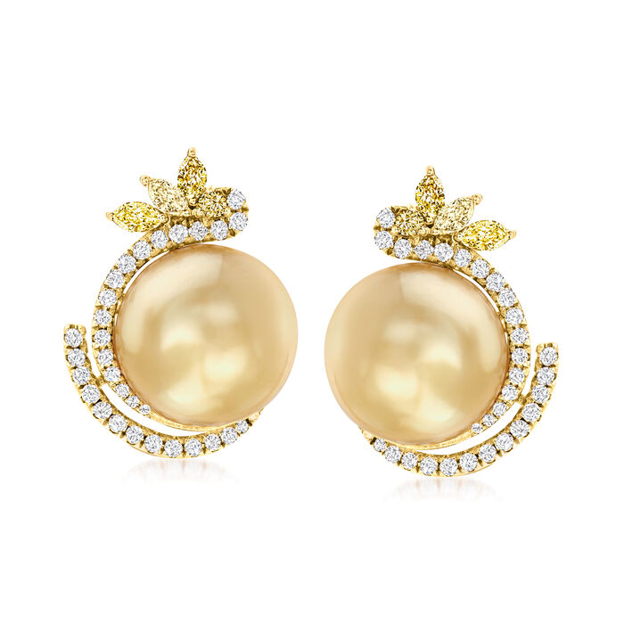 12-12.5mm Golden Cultured South Sea Pearl and .82 ct. t.w. Multicolored Diamond Earrings in 18kt Yellow Gold