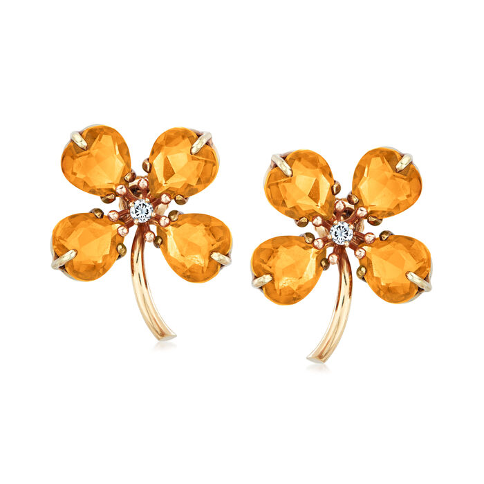 C. 1940 Vintage 12.00 ct. t.w. Citrine and .16 ct. t.w. Diamond Flower Earrings in 14kt Yellow Gold