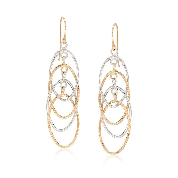14kt Two-Tone Gold Textured and Polished Interlocking Oval Drop Earrings