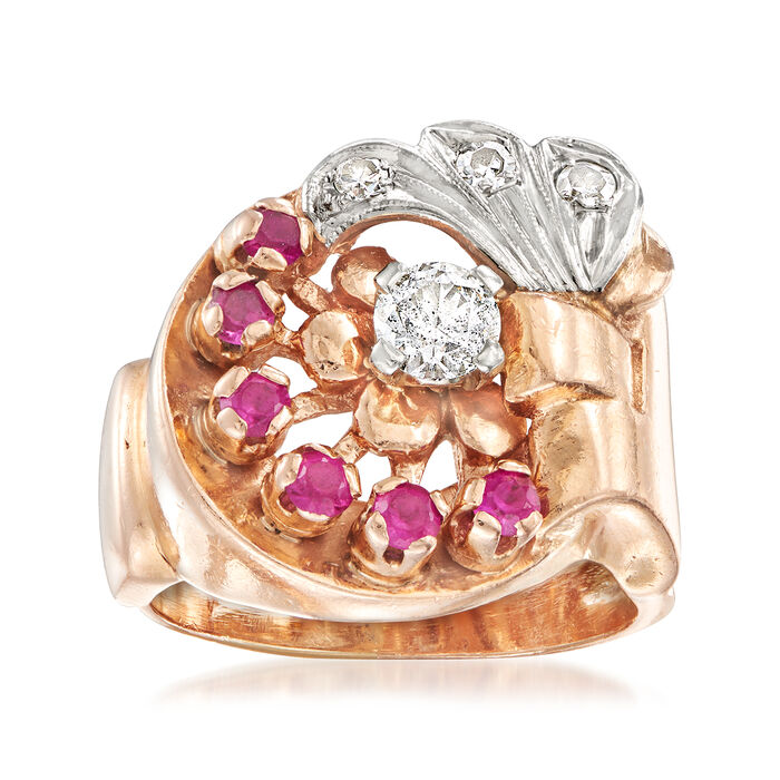 C. 1940 Vintage .55 ct. t.w. Diamond and .40 ct. t.w. Synthetic Ruby Cocktail Ring in 14kt Rose Gold and Palladium