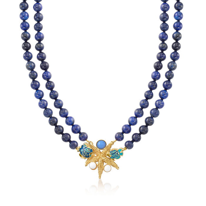 Italian Lapis and Blue and White Glass Bead Sea Life Necklace in 18kt Gold Over Sterling