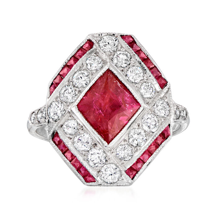 C. 1980 Vintage 1.00 Carat Pink Tourmaline Ring with 1.00 ct. t.w. Diamonds and .85 ct. t.w. Rubies in 18kt White Gold