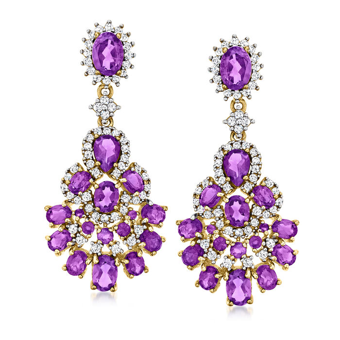 7.20 ct. t.w. Amethyst and 1.70 ct. t.w. White Zircon Drop Earrings in 18kt Gold Over Sterling