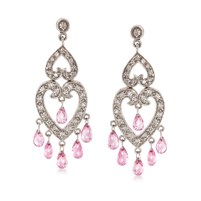 C. 2000 Vintage 4.80 ct. t.w. Pink Sapphire and .85 ct. t.w. Diamond Open-Space Heart Drop Earrings in 18kt White Gold