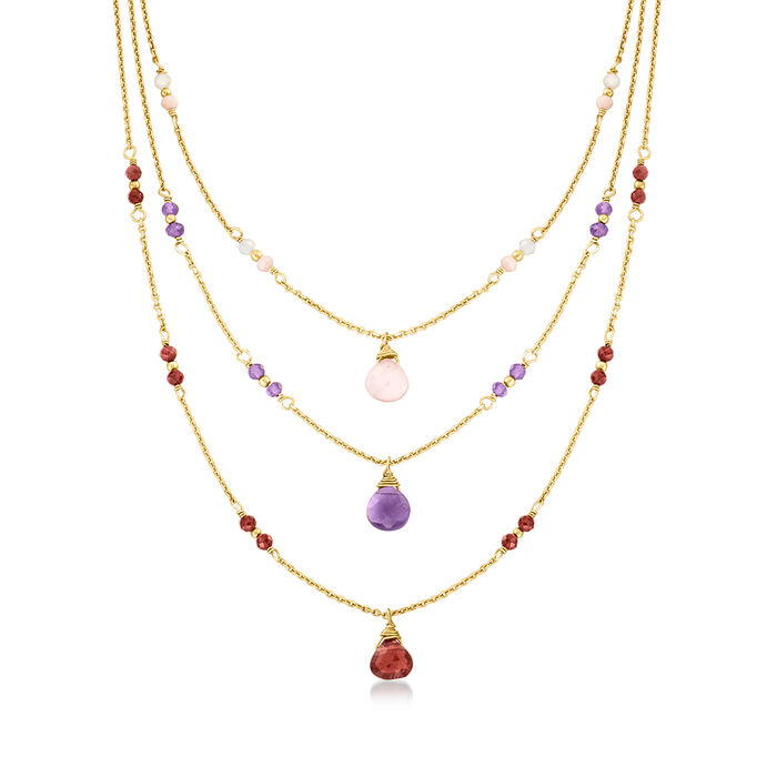 Italian Pink Opal and 5.20 ct. t.w. Multi-Gemstone Layered Necklace in 24kt Gold Over Sterling