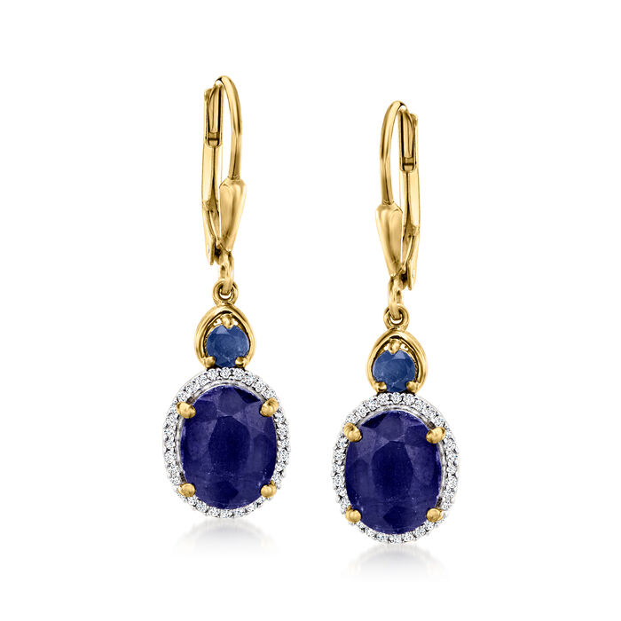 4.80 ct. t.w. Sapphire and .17 ct. t.w. Diamond Drop Earrings in 18kt Gold Over Sterling