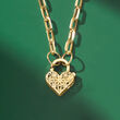 Italian 14kt Yellow Gold Floral Embroidery Heart Lock Paper Clip Link Necklace