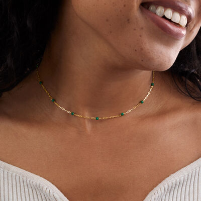 2.10 ct. t.w. Emerald Bead Station Paper Clip Link Necklace in 14kt Yellow Gold