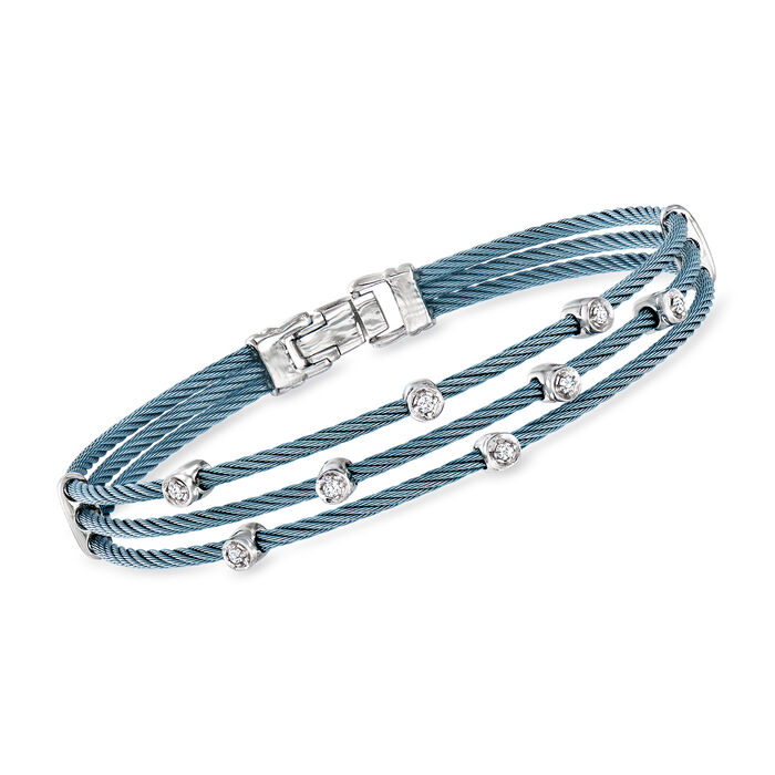 ALOR Caribbean Blue Stainless Steel Three-Strand Cable Bracelet with .17 ct. t.w. Diamond Stations in 18kt White Gold