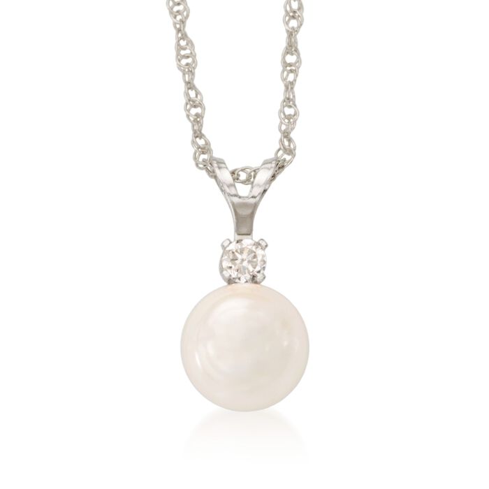 8-8.5mm Cultured Akoya Pearl and Diamond Accent Necklace in 14kt White Gold