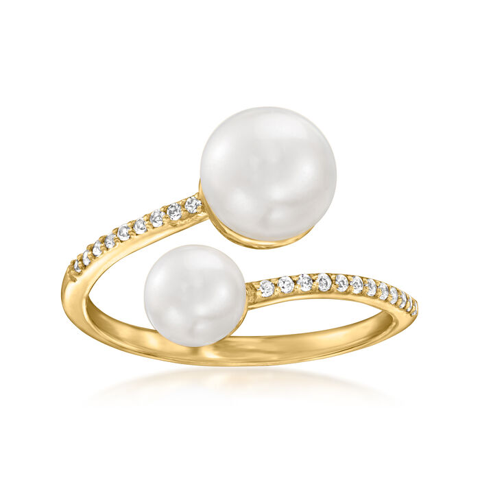 5.5-8mm Cultured Pearl and .10 ct. t.w. White Topaz Bypass Ring in 18kt Gold Over Sterling