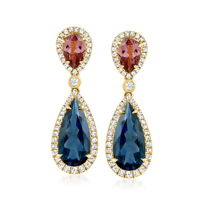 6.75 ct. t.w. London Blue Topaz, 1.70 ct. t.w. Pink Tourmaline and .78 ct. t.w. Diamond Drop Earrings in 18kt Yellow Gold