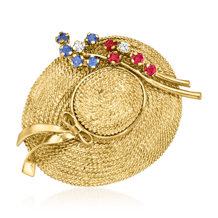 C. 1970 Vintage .50 ct. t.w. Ruby, .40 ct. t.w. Sapphire and .15 ct. t.w. Diamond Sun Hat Pin in 18kt Yellow Gold