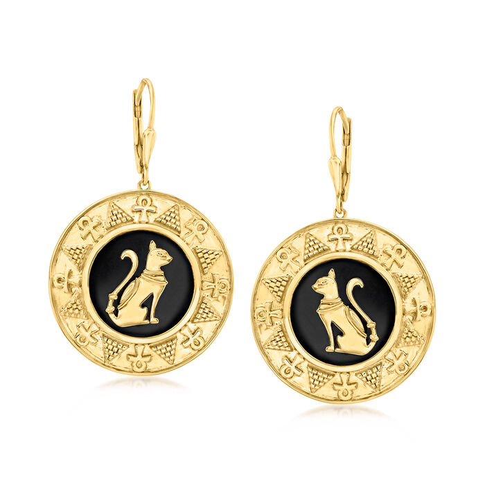 Black Onyx Cat Hieroglyphic Medallion Drop Earrings in 18kt Gold Over Sterling