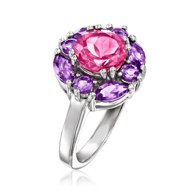 2.50 Carat Pink Topaz Ring with 1.20 ct. t.w. Amethysts in Sterling Silver