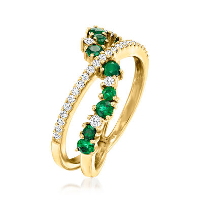 .70 ct. t.w. Emerald and .25 ct. t.w. Diamond Crisscross Ring in 14kt Yellow Gold