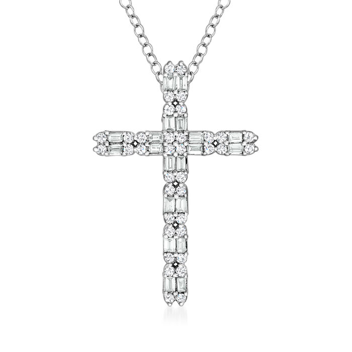 .50 ct. t.w. Round and Baguette Diamond Cross Pendant Necklace in 14kt White Gold