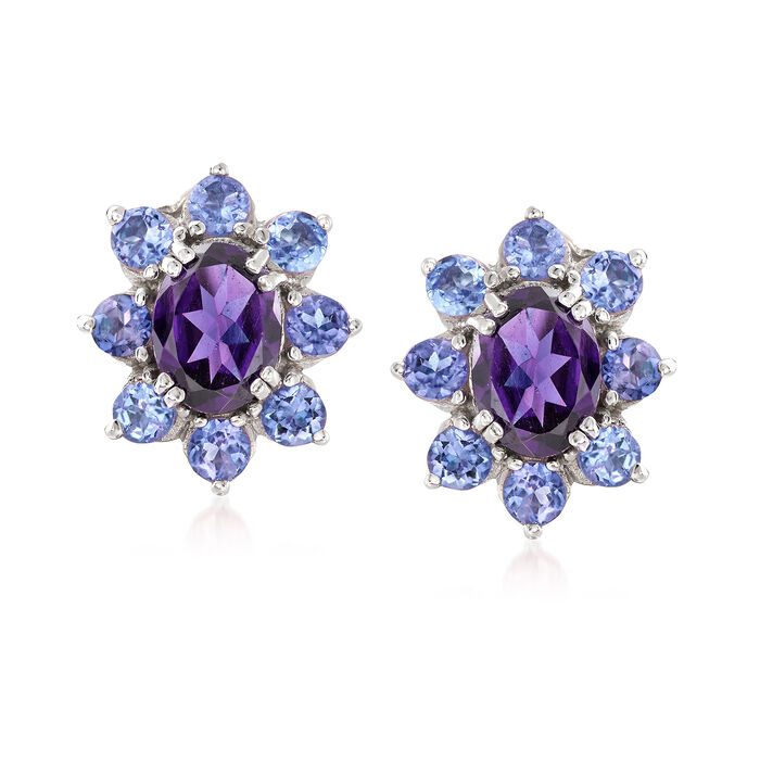 2.20 ct. t.w. Amethyst and 1.60 ct. t.w. Tanzanite Halo Drop Earrings in Sterling Silver