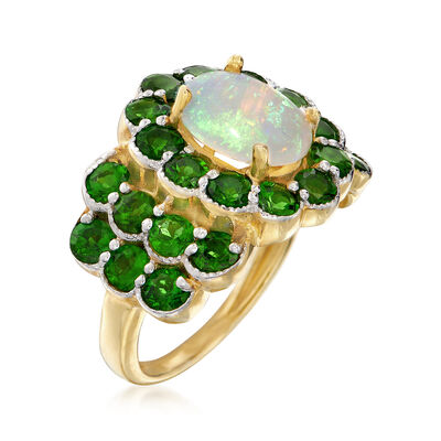 Opal and 3.10 ct. t.w. Chrome Diopside Ring in 18kt Gold Over Sterling