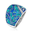 Belle Etoile &quot;Fernhaven&quot; Multicolored Blue Enamel Ring with CZ Accents in Sterling Silver