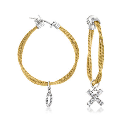 ALOR &quot;XO&quot; .17 ct. t.w. Diamond and Yellow Stainless Steel Hoop Earrings with 18kt and 14kt White Gold