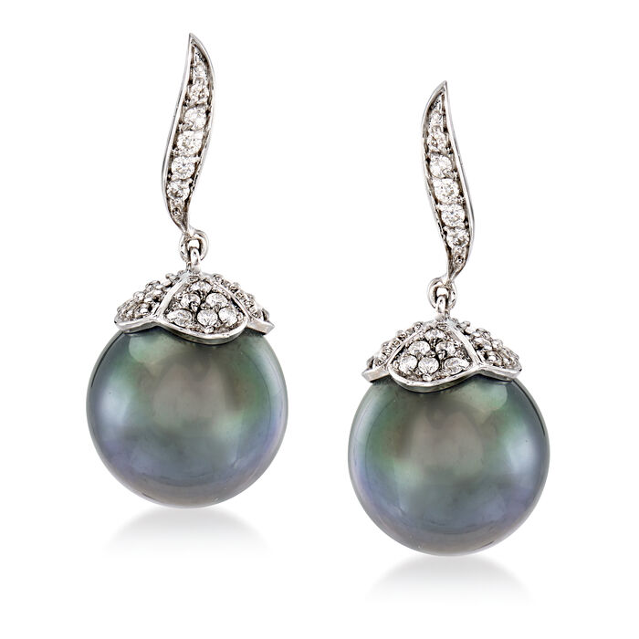 11-11.5mm Cultured Black Tahitian Pearl and .45 ct. t.w. Diamond Drop Earrings in 14kt White Gold