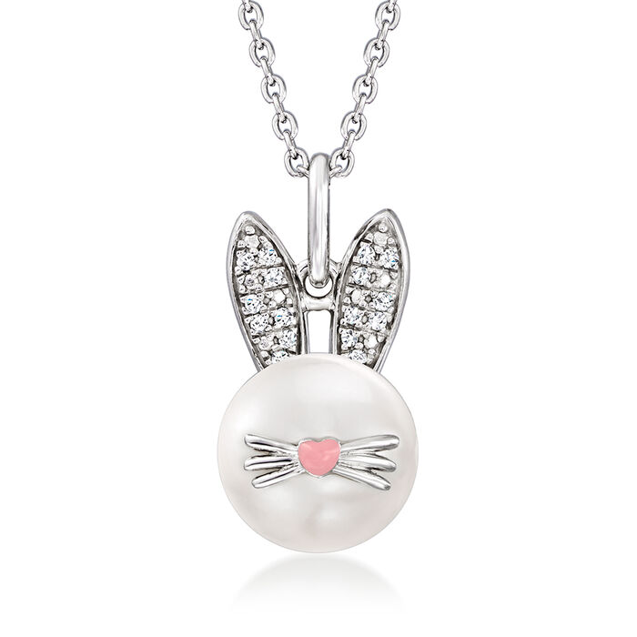 9-9.5mm Cultured Pearl Bunny Pendant Necklace with Diamond Accents in Sterling Silver