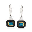 1.40 ct. t.w. London Blue Topaz and .35 ct. t.w. White Topaz Drop Earrings with Black Enamel in Sterling Silver and 14kt Yellow Gold