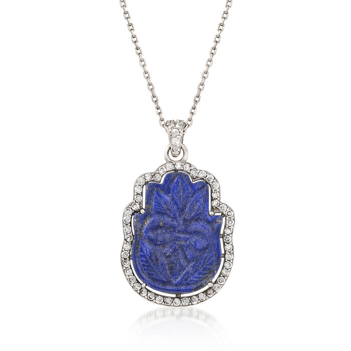 Lapis and 1.17 ct. t.w. White Zircon Floral Hamsa Pendant Necklace in Sterling Silver