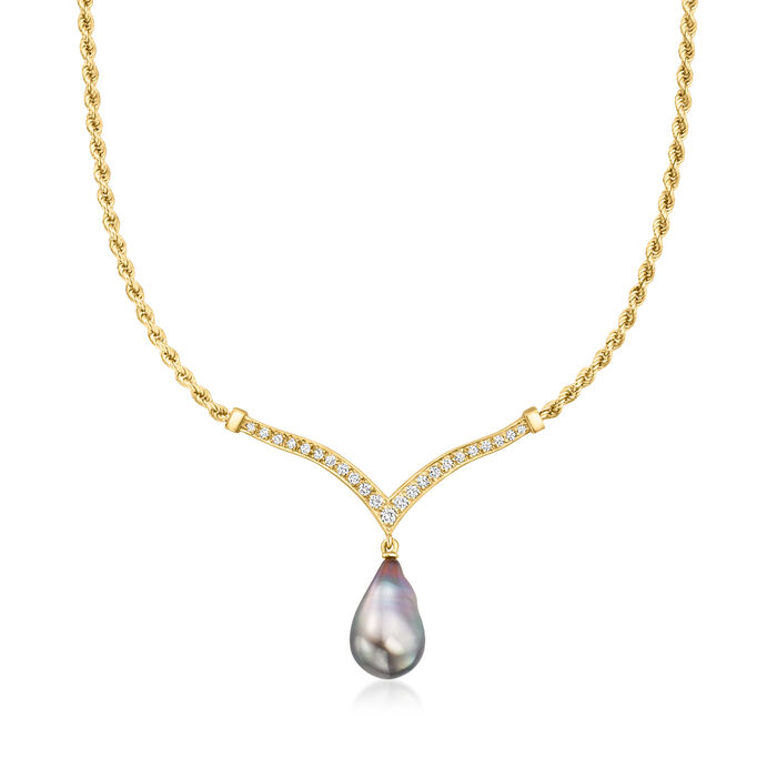 C. 1980 Vintage 17x11mm Black Cultured Pearl and .40 ct. t.w. Diamond Drop Necklace in 14kt Yellow Gold