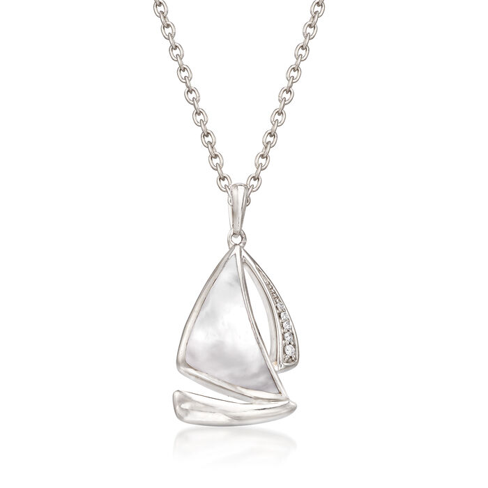 Mother-of-Pearl Sailboat Pendant Necklace with Diamond Accents in Sterling Silver