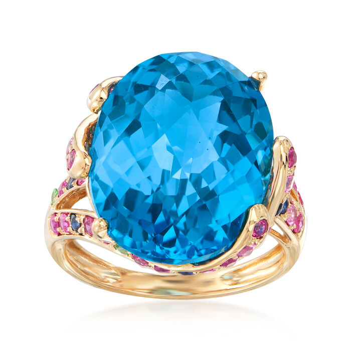 19.00 Carat Swiss Blue Topaz, .50 ct. t.w. Ruby and .20 ct. t.w. Sapphire Ring with Tsavorite Accents in 14kt Yellow Gold