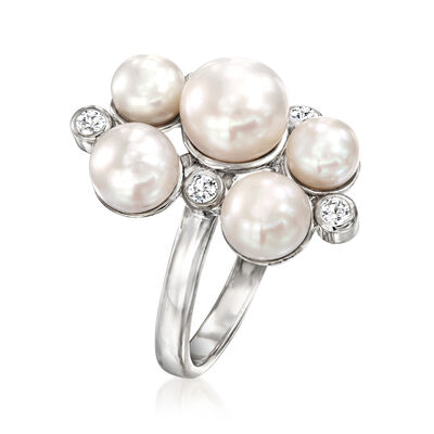 5-7mm Cultured Pearl and .20 ct. t.w. White Topaz Ring in Sterling Silver