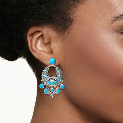 Turquoise Bali-Style Hamsa Charm Drop Earrings in Sterling Silver