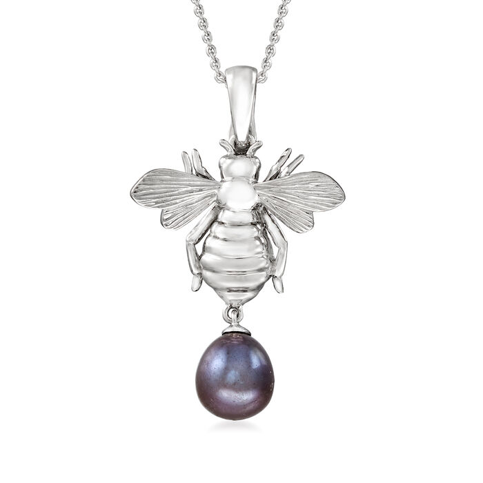 8-8.5mm Black Cultured Pearl Bumblebee Pendant Necklace in Sterling Silver  