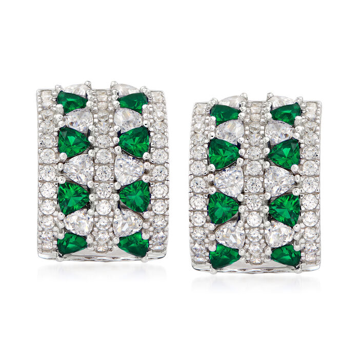 1.90 ct. t.w. CZ and .80 ct. t.w. Simulated Emerald Curved Earrings in Sterling Silver