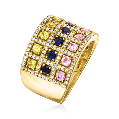1.40 ct. t.w. Multicolored Sapphire Ring with .44 ct. t.w. Diamonds in 14kt Yellow Gold
