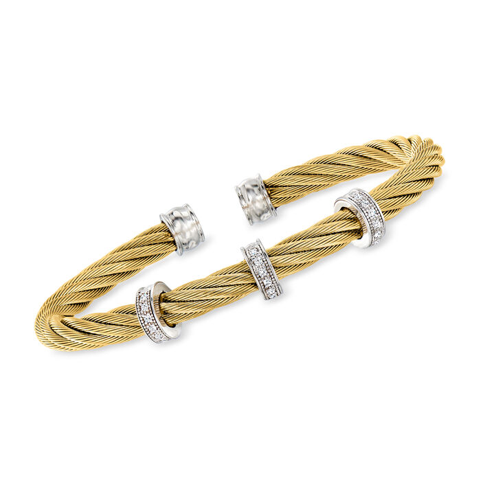 ALOR Yellow Stainless Steel Cable Cuff Bracelet with .18 ct. t.w. Diamond Stations in 18kt White Gold