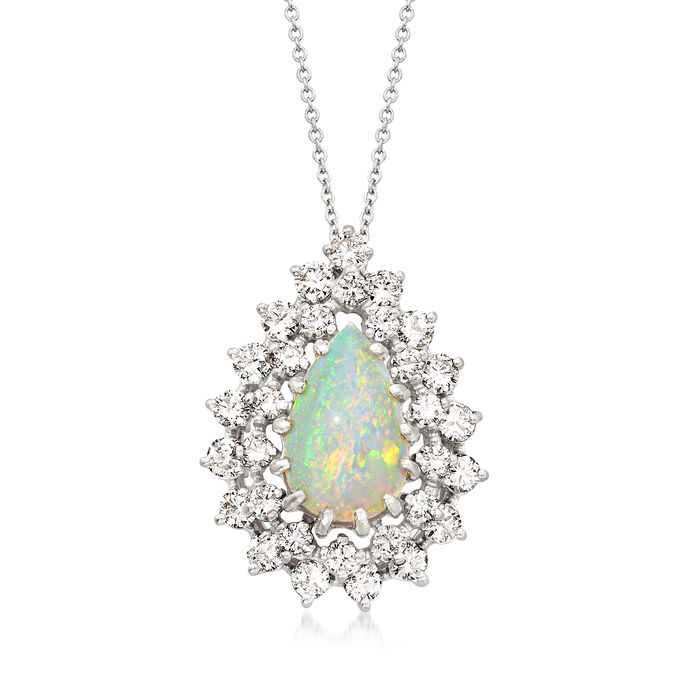 C. 1970 Vintage Opal and 1.85 ct. t.w. Diamond Pendant Necklace in 14kt White Gold
