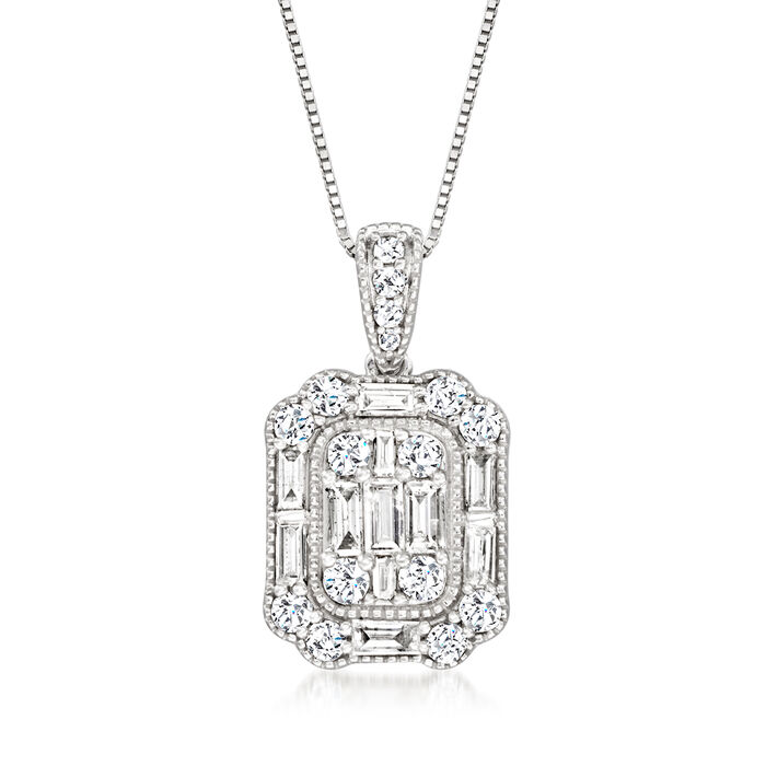 1.00 ct. t.w. Round and Baguette Diamond Cluster Pendant Necklace in 14kt White Gold